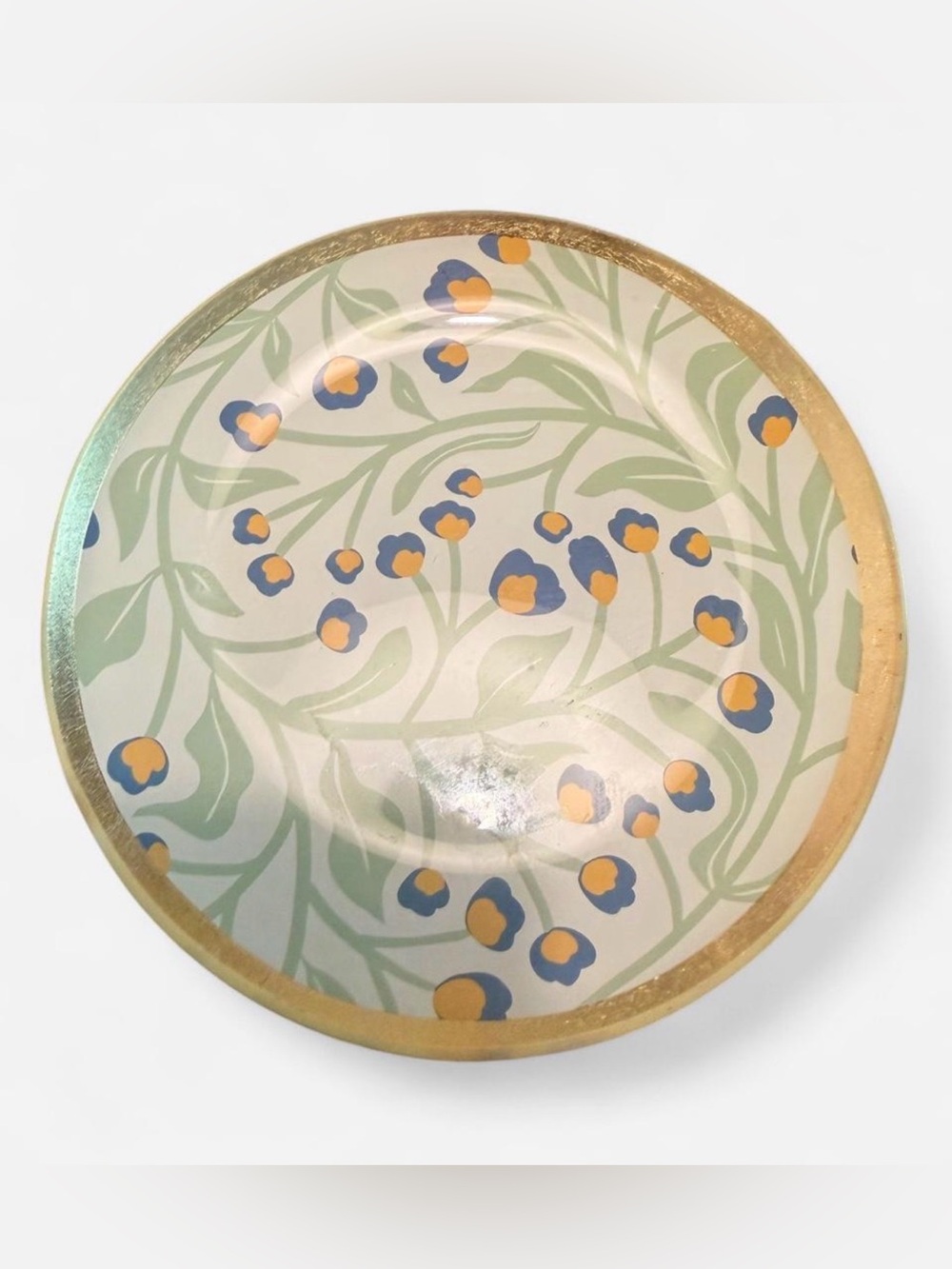 Hand-Painted Floral Ceramic Jewelry Plate in Blue, Yellow & Green